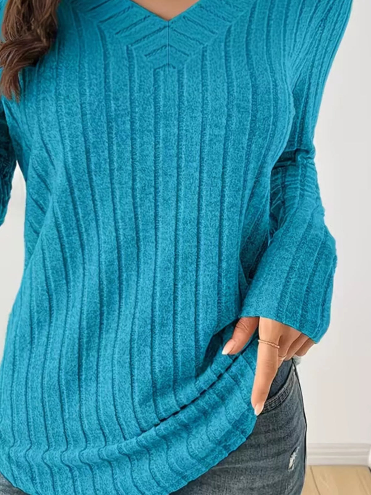 Women's Ribbed Knit Long Sleeve T-Shirt in blue — texture detail view