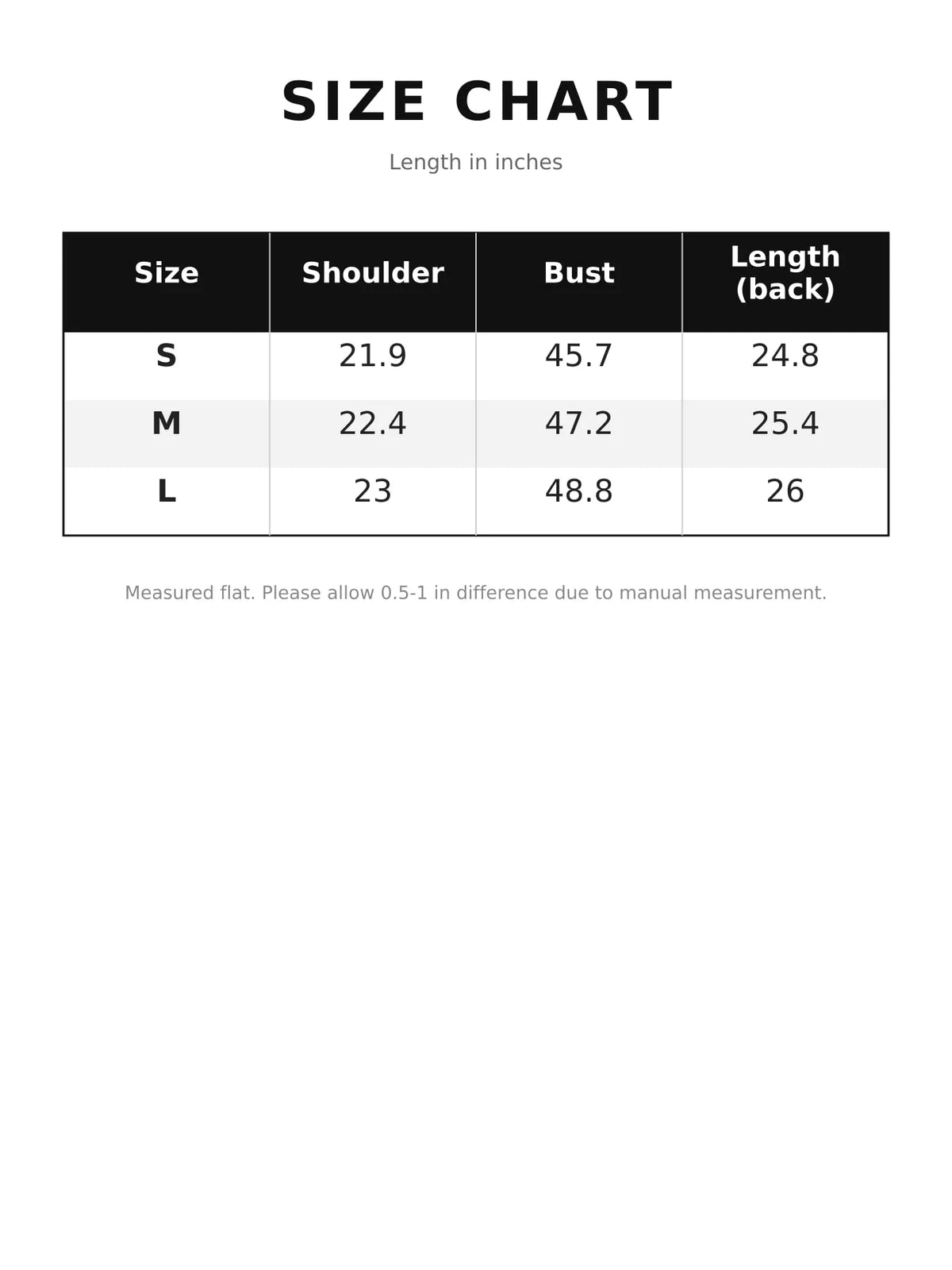 Size chart for oversized button up denim jacket