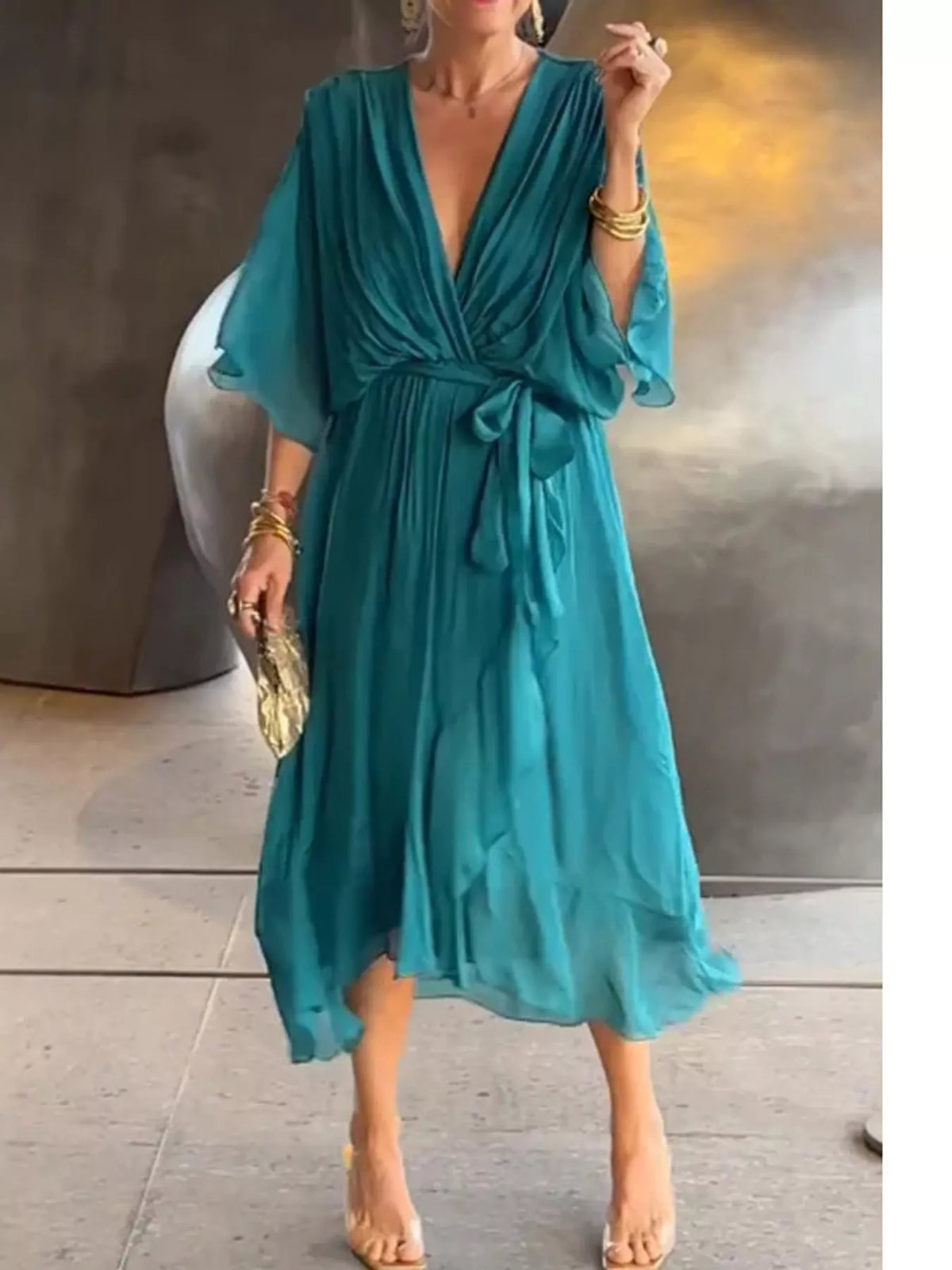 Teal batwing sleeve wrap dress with waist tie, front view