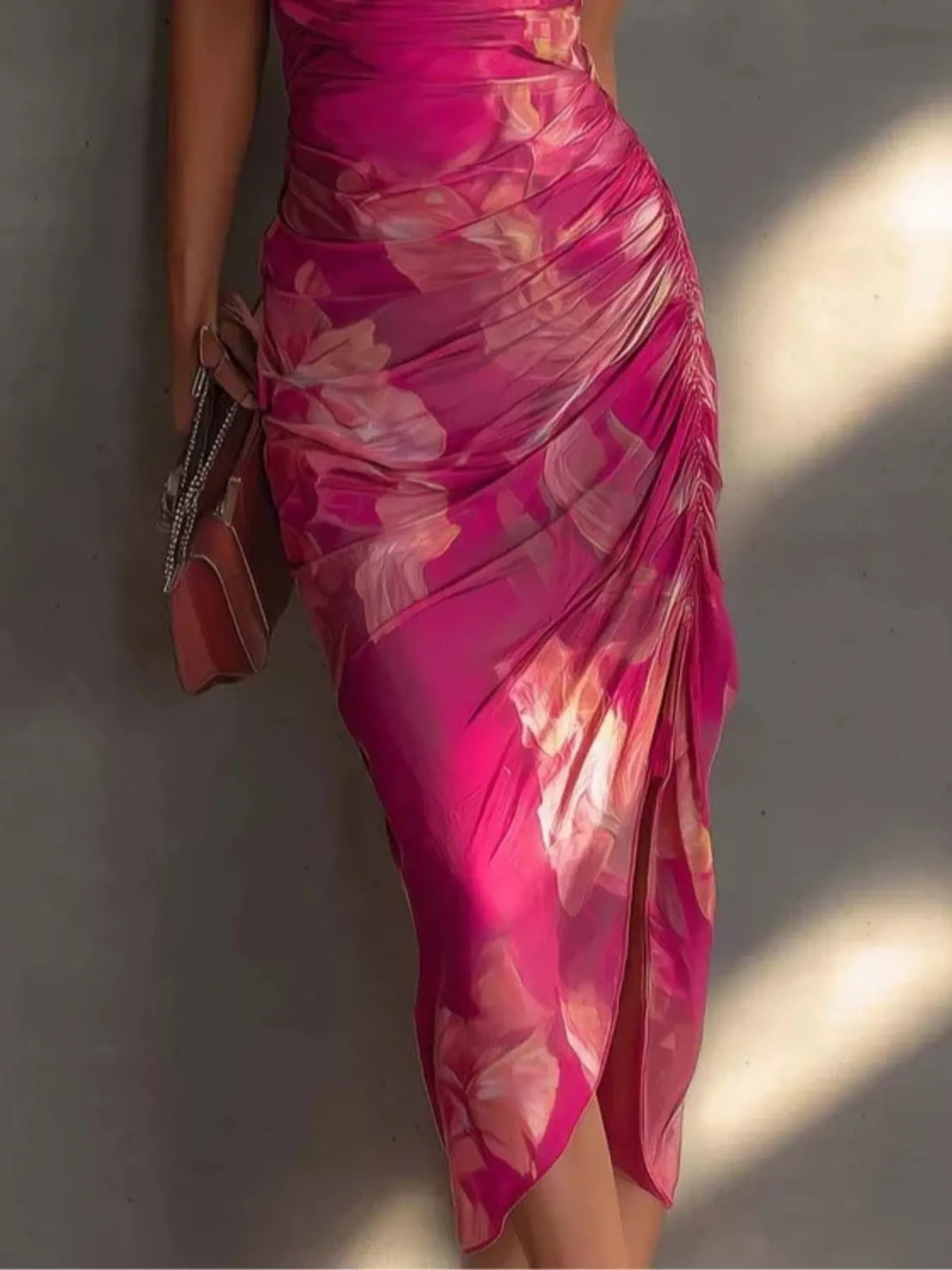 Floral halter-neck ruched midi dress