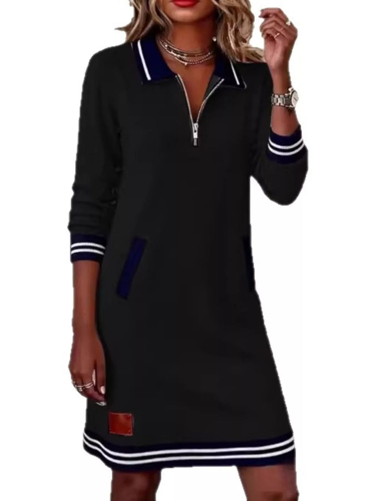 Black zip-up polo collar knit dress