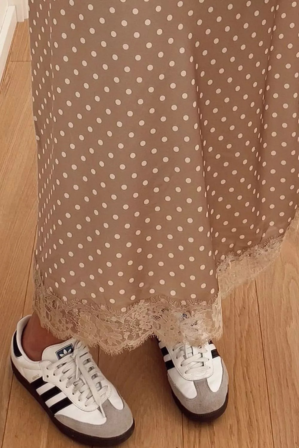 Trendsi Polka Dot Lace Trim Midi Skirt -