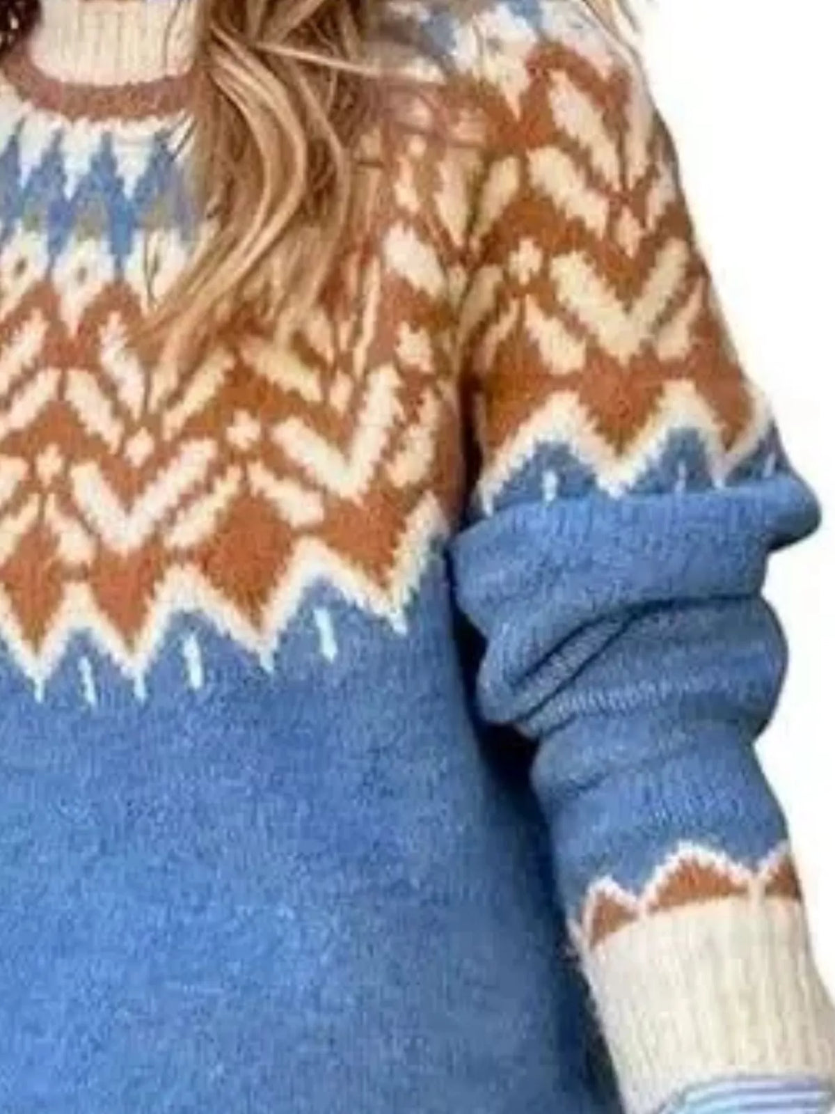 Fair Isle Patterned Long Sleeve Sweater in blue, pattern detail