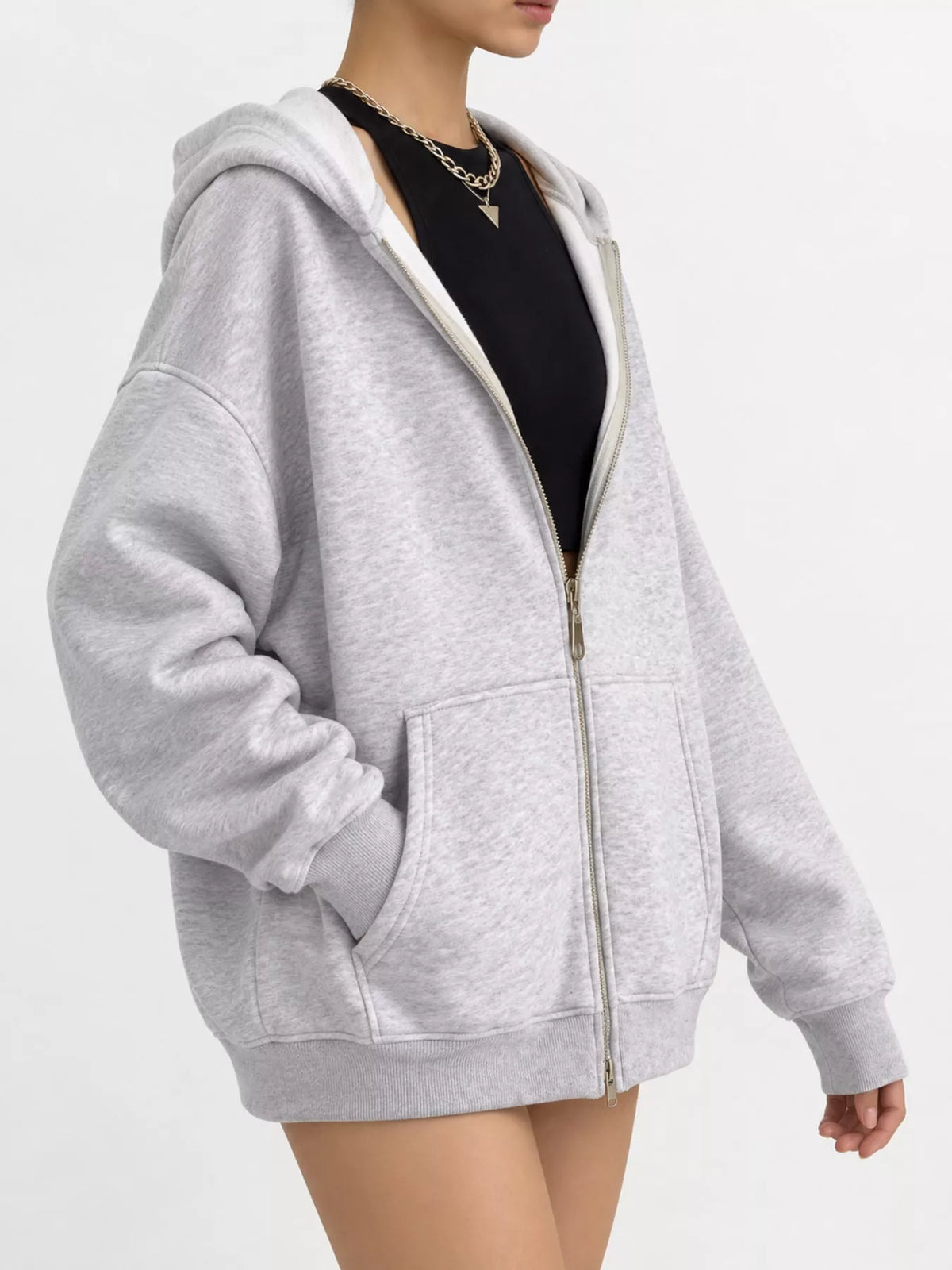 Women's Zip-Up Dropped Shoulder Hoodie in gray — side view