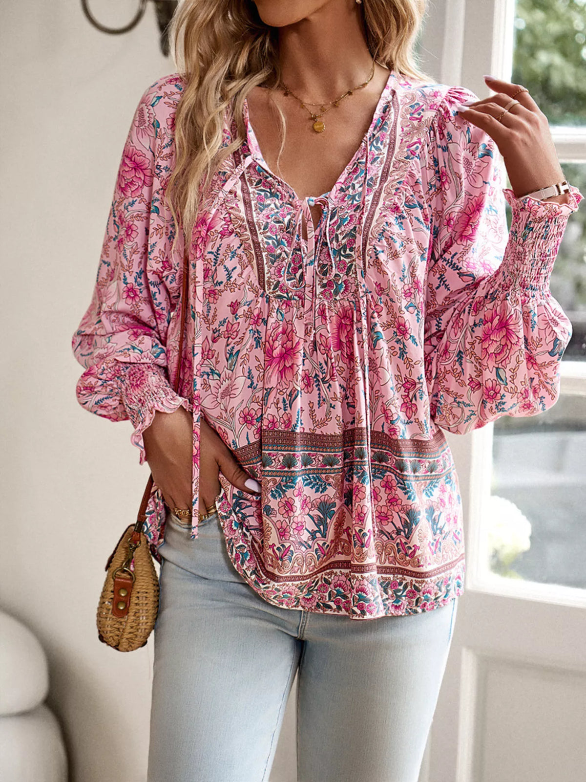 Trendsi Floral Print Tie-Neck Blouse with Smocked Cuffs -