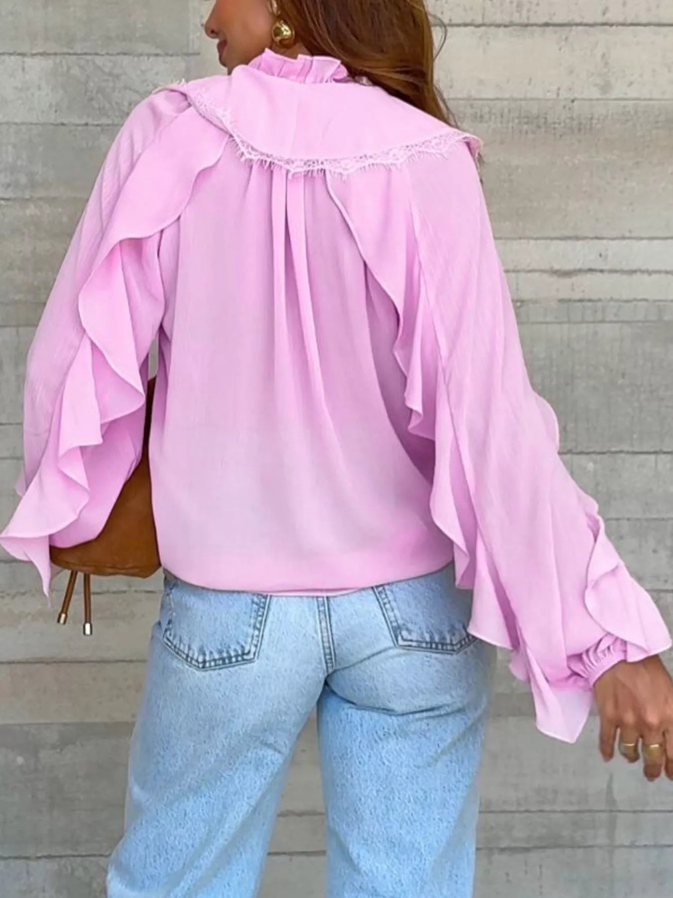 Trendsi V-Neck Ruffled Lace Trim Blouse -