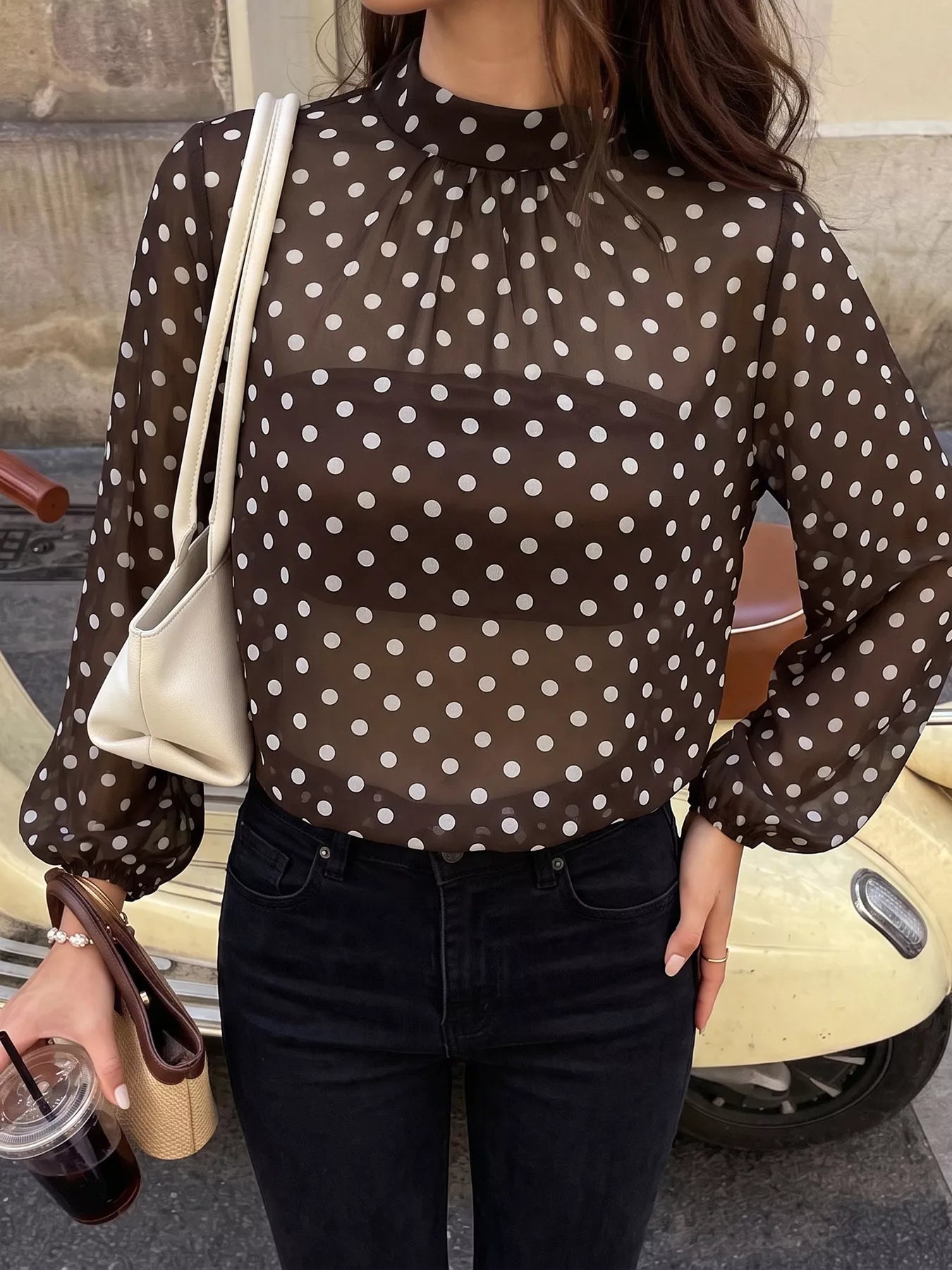 Trendsi Polka Dot Mock Neck Long Sleeve Blouse -