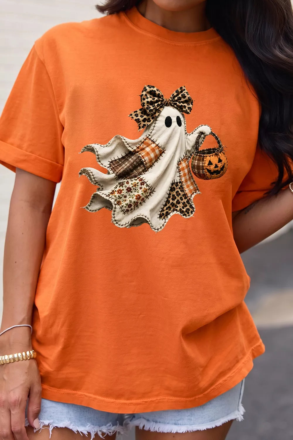 Orange Halloween Ghost Graphic Short Sleeve T-Shirt relaxed front view