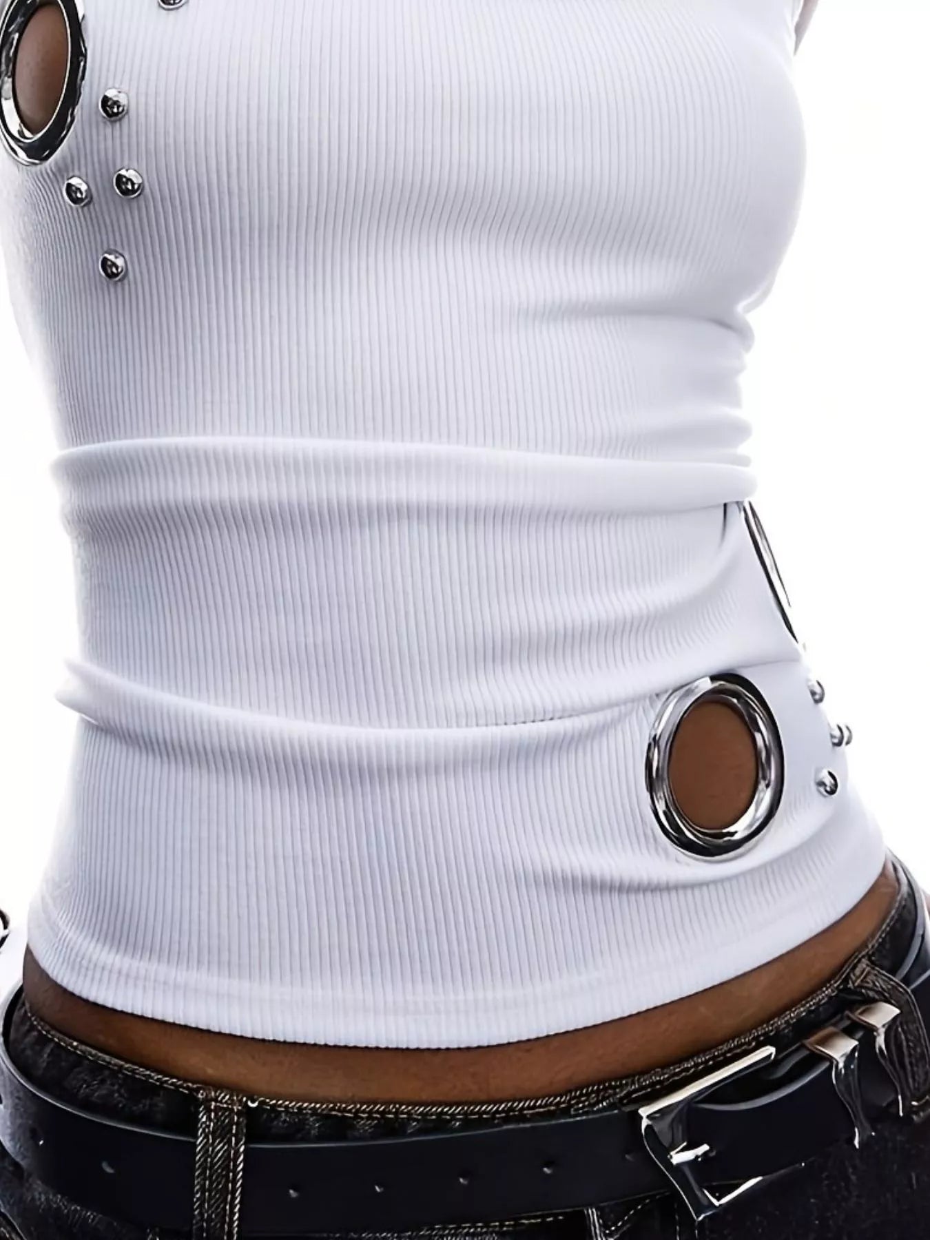 Trendsi Ribbed Tank Top with Metal Grommet Cutouts and Stud Embellishments -
