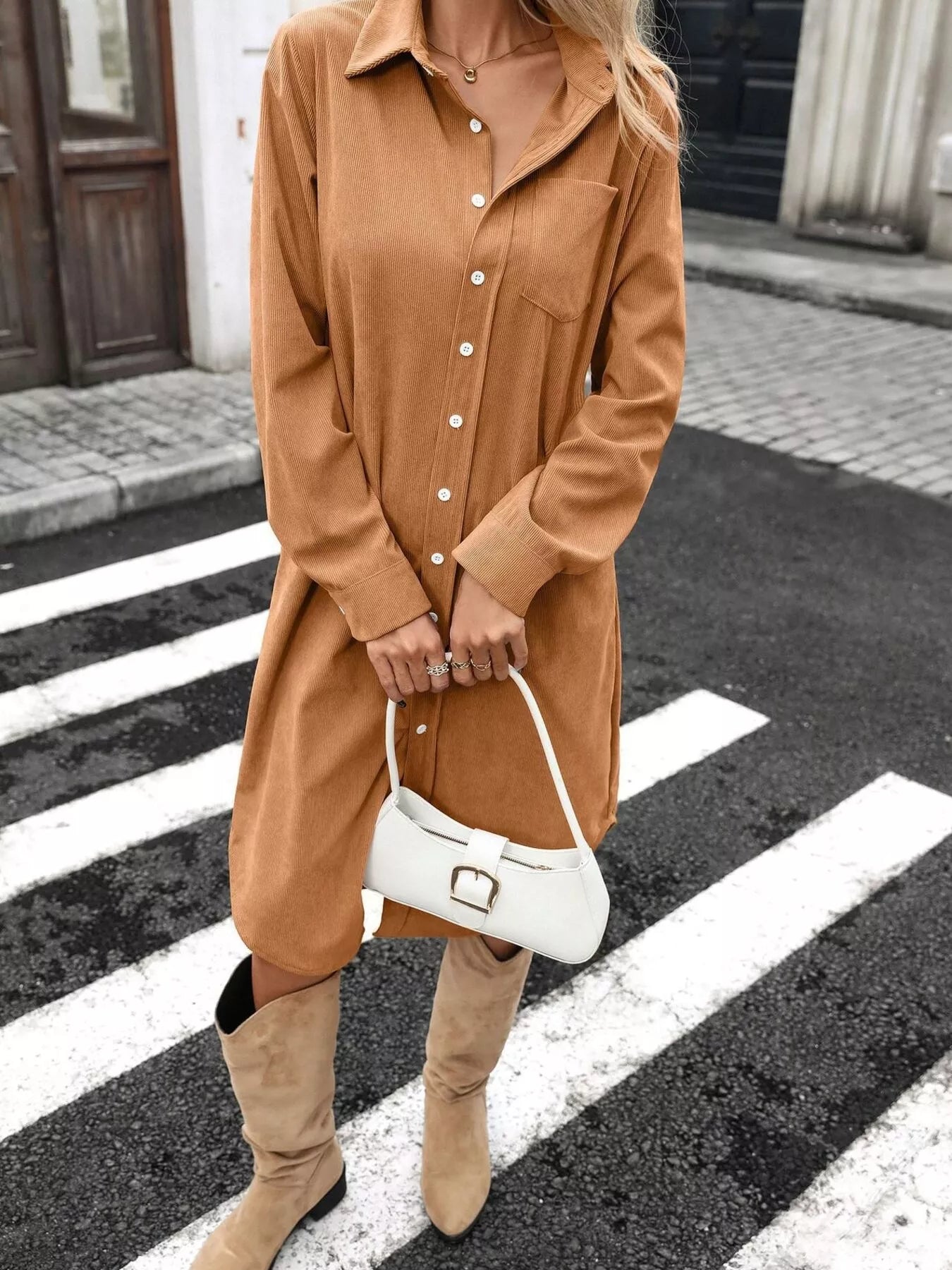 Trendsi Corduroy Shirt Dress with Button-Down Front -