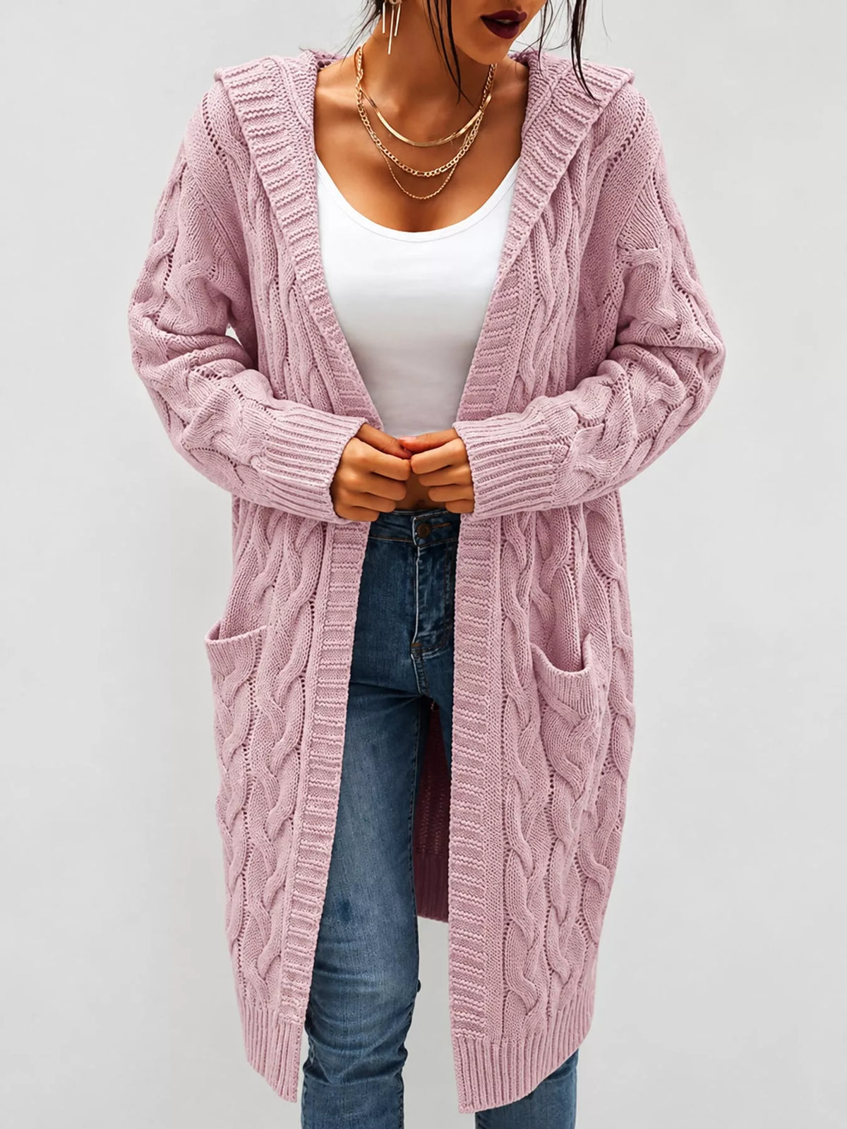Hooded Cable Knit Longline Cardigan in pink