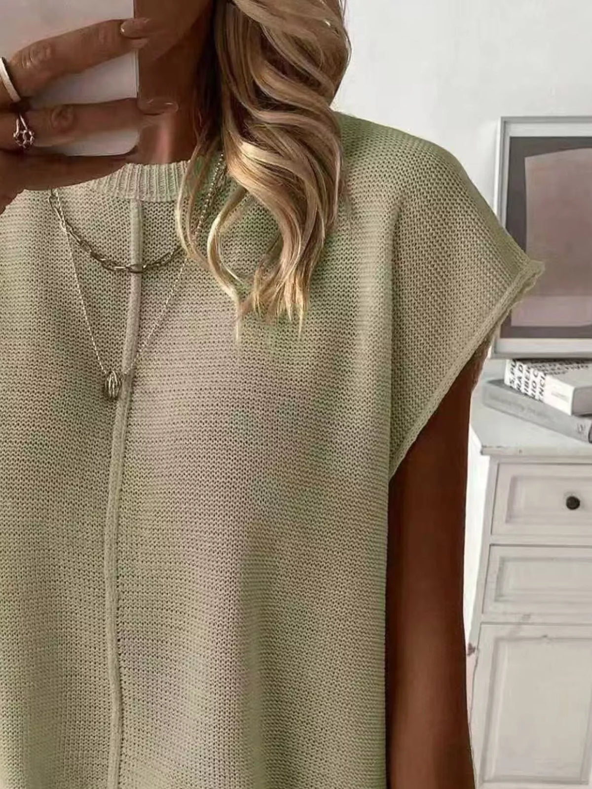 Women's Seam Detail V-Neck Sweater Vest in sage — neckline detail view
