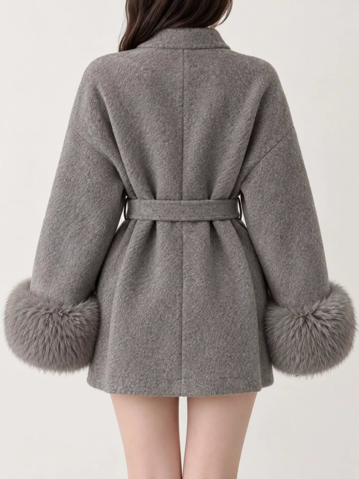 Gray tie-waist coat with faux fur cuffs — back view