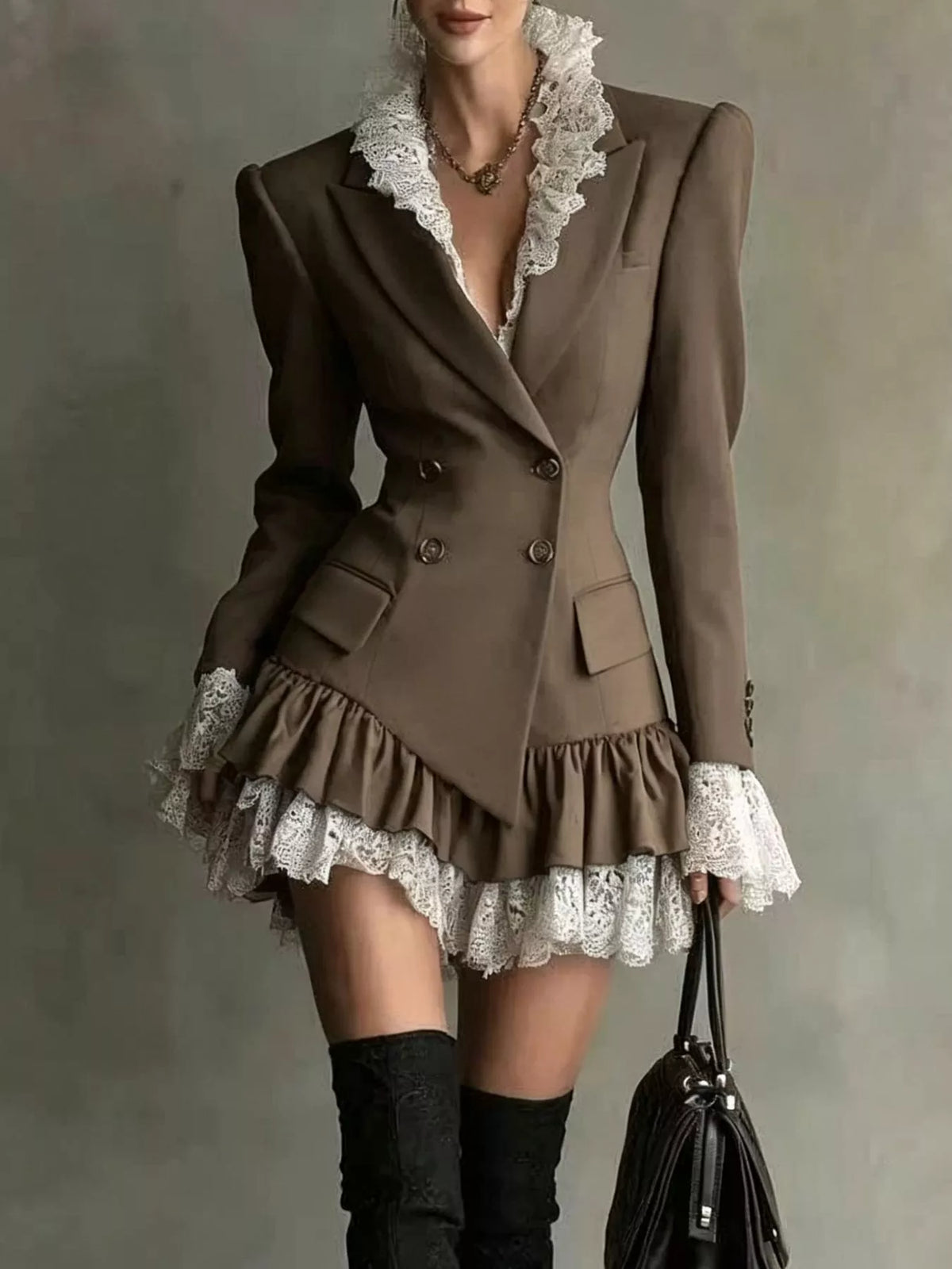 Brown lace trim blazer dress, front view