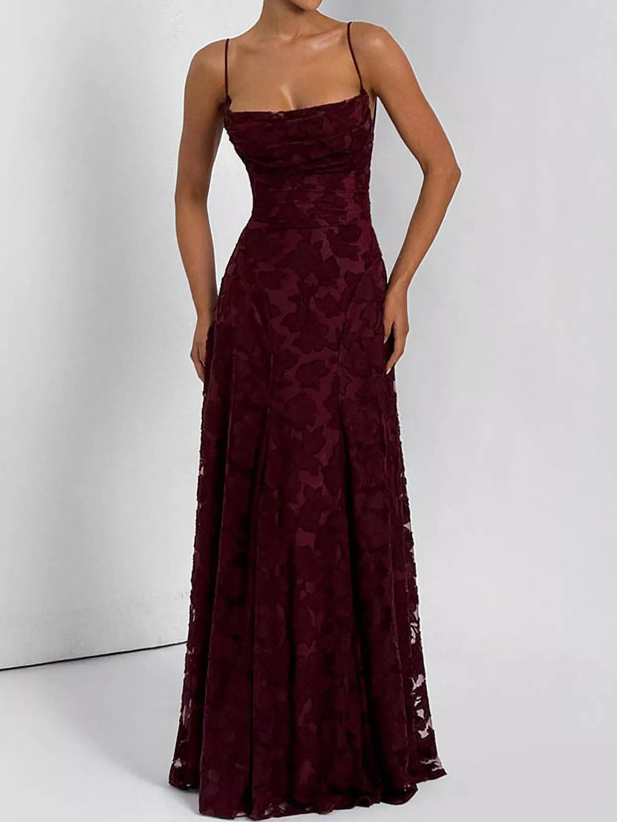 Cowl neck spaghetti-strap maxi dress, front view on model