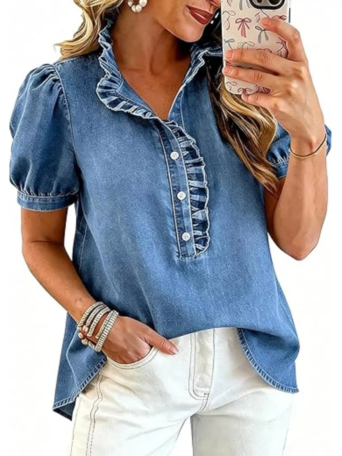 Trendsi Frill Puff Sleeve Denim Top -