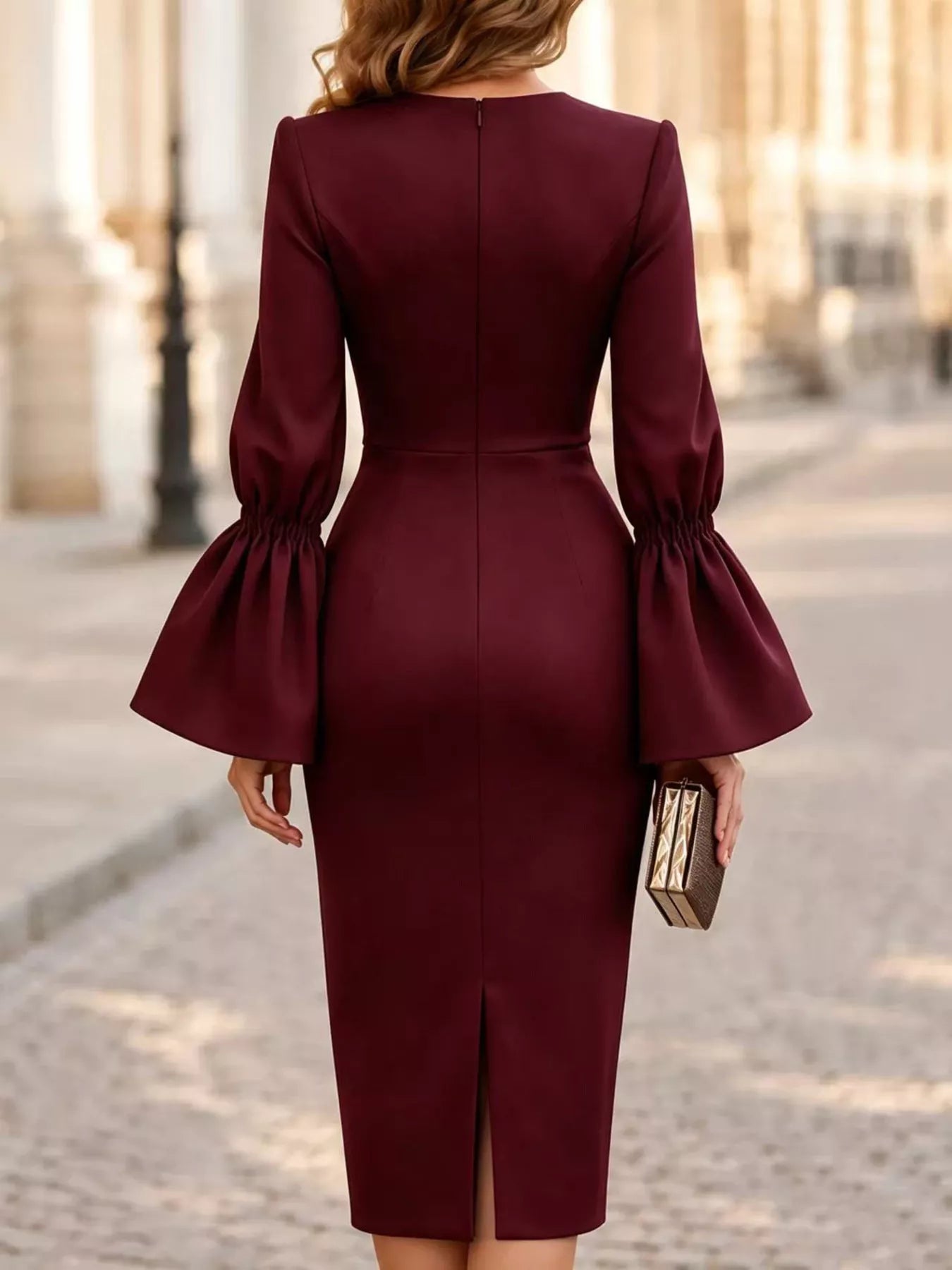 Trendsi Slit Round Neck Flare Sleeve Dress -
