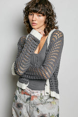 Trendsi POL Openwork Contrast Cardigan with Floral Metal Button -