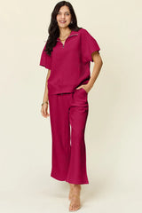 Trendsi Double Take Full Size Texture Half Zip Short Sleeve Top and Pants Set -