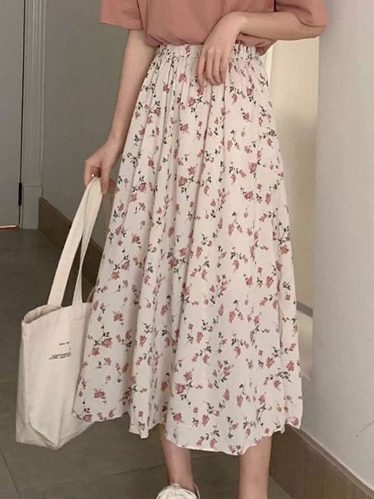 Floral Print High-Waisted A-Line Midi Skirt — front view