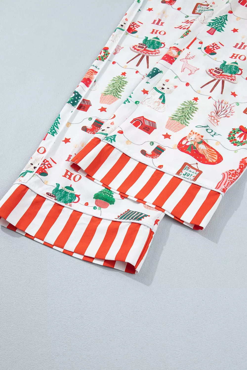 Christmas Print Button-Front Lounge Set, pants hem detail