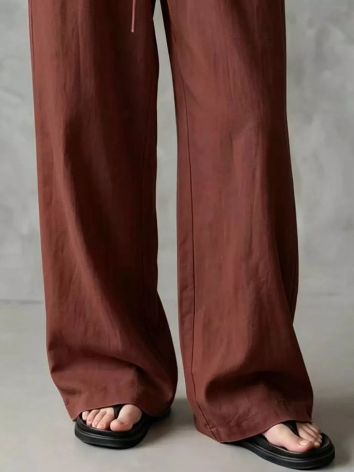 Women's Drawstring Wide-Leg Casual Pants in brown — hem detail view
