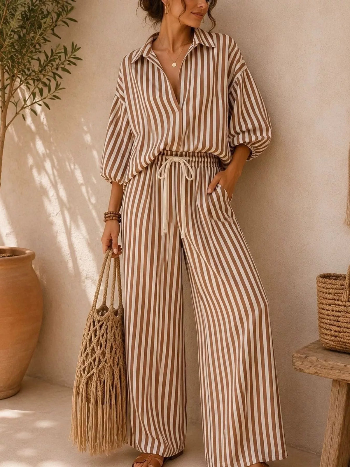 Khaki striped shirt and wide-leg pants set, front view