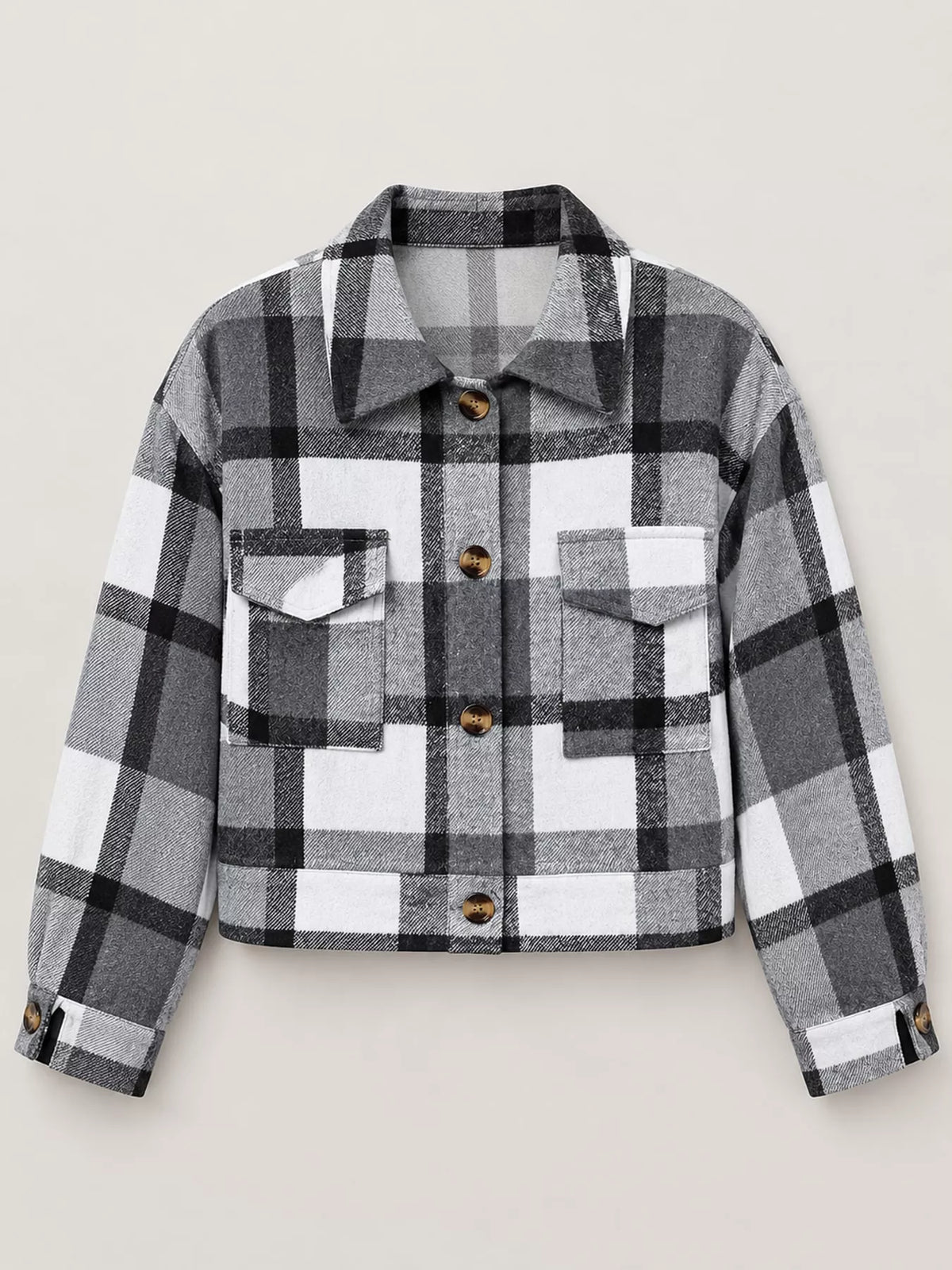 Gray plaid button-up cropped jacket