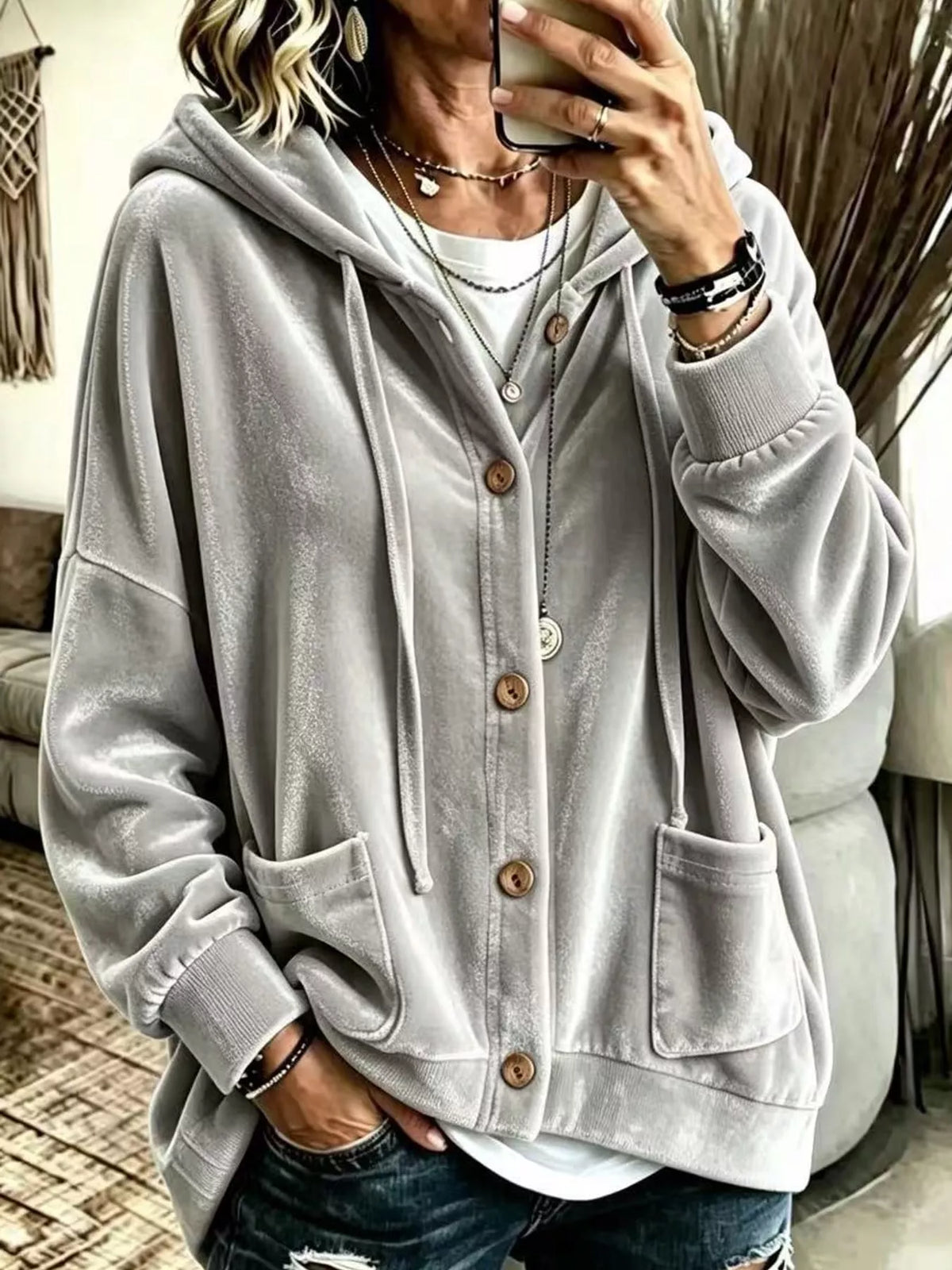 Gray velvet dropped shoulder hoodie, front view