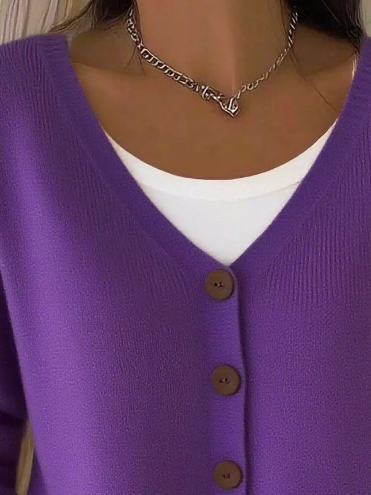 Women's V-Neck Button-Down Knit Cardigan in purple — front view
