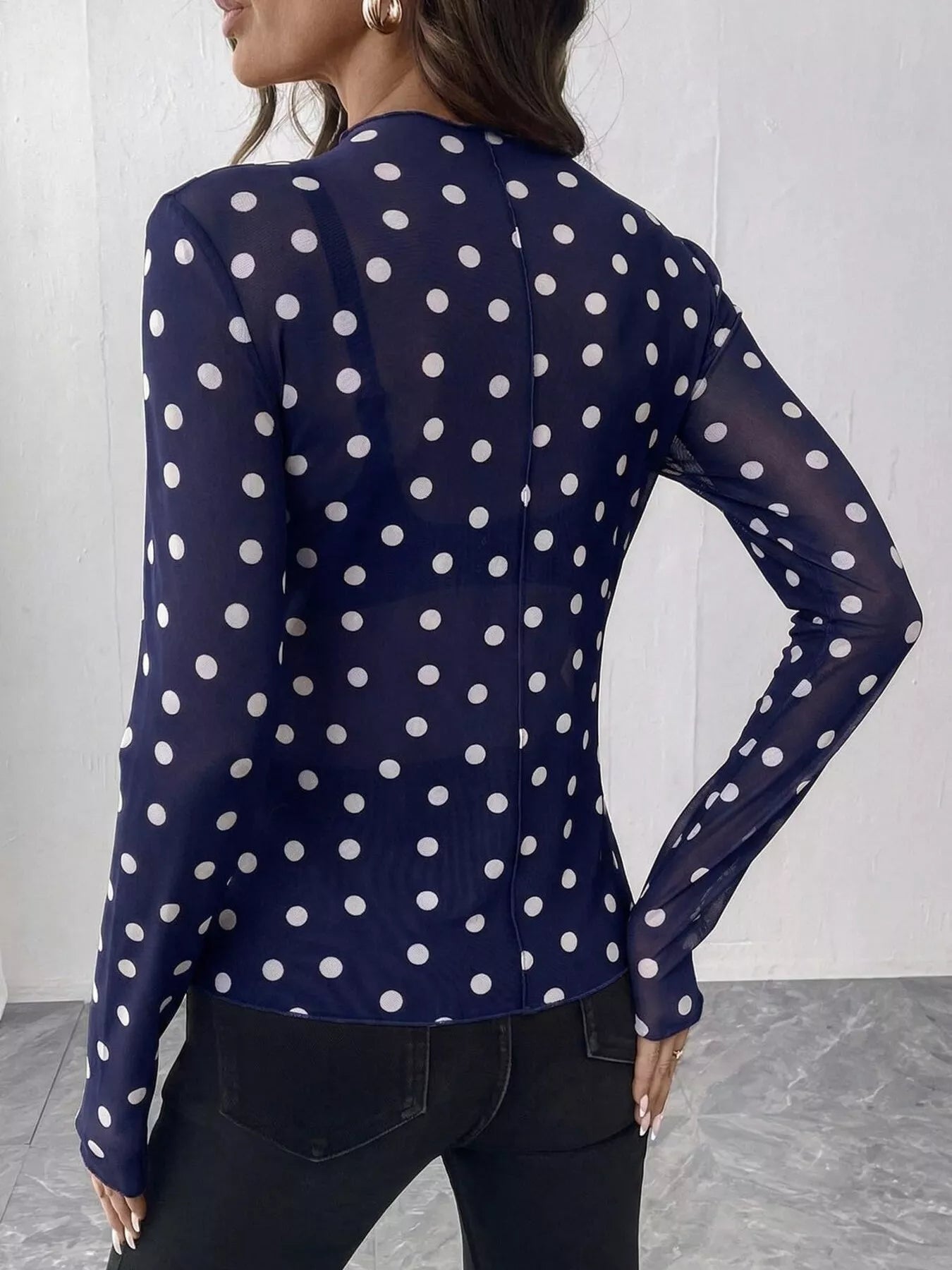 Trendsi Sheer Polka Dot Long Sleeve Mock Neck Top -