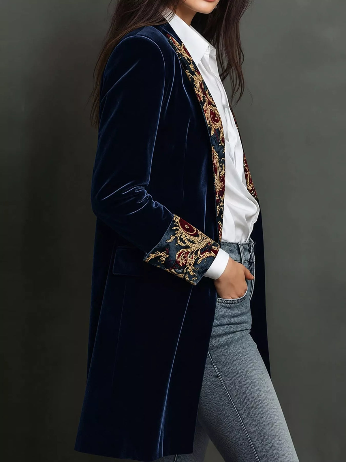 Blue (with Lining) floral lapels and cuffs velvet blazer