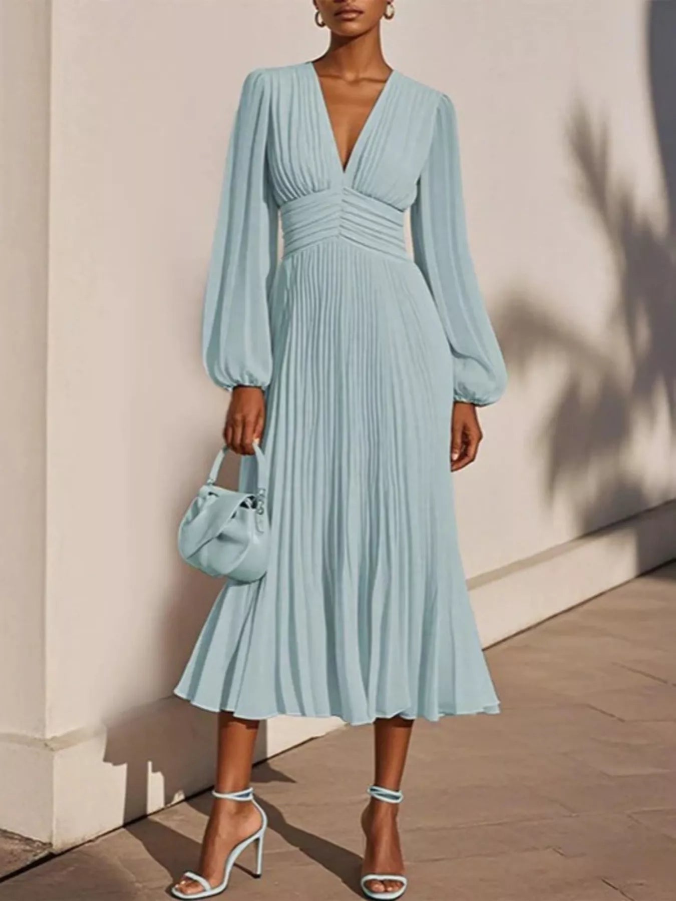 Trendsi Pleated V-Neck Chiffon Midi Dress -