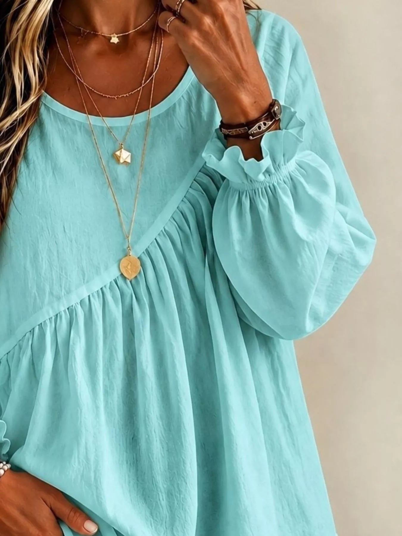 Trendsi Long Sleeve Blouse with Asymmetric Pleated Detail -