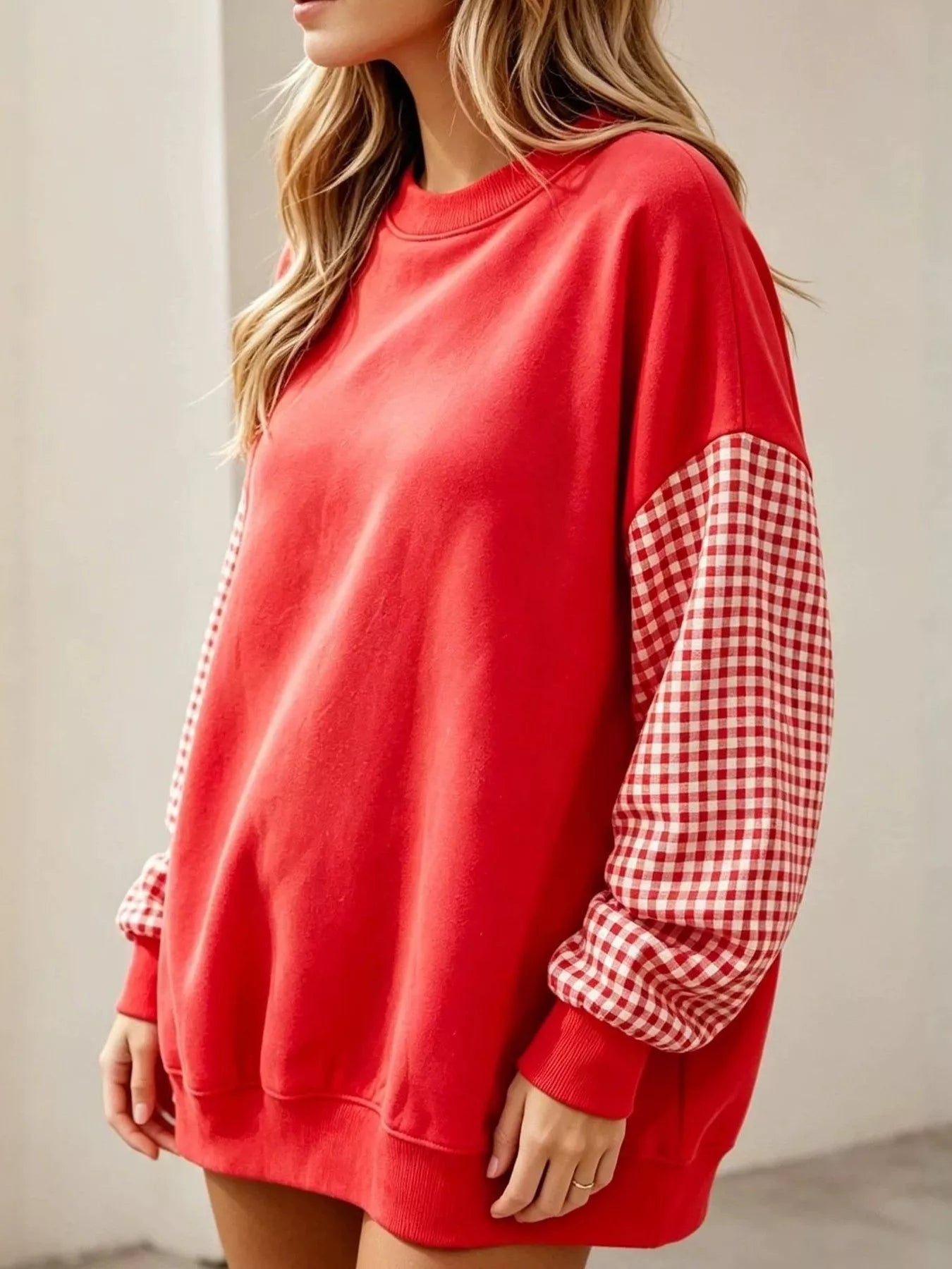 Trendsi Contrast Gingham Long Sleeve Sweatshirt -