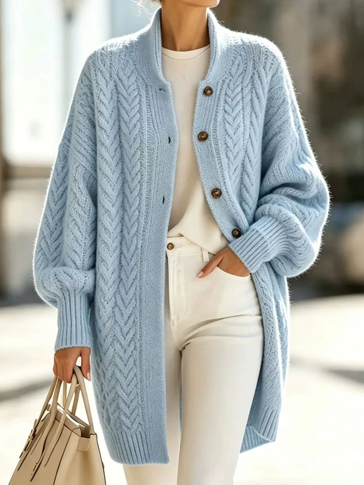 Light blue longline cable-knit button-front cardigan, front view.