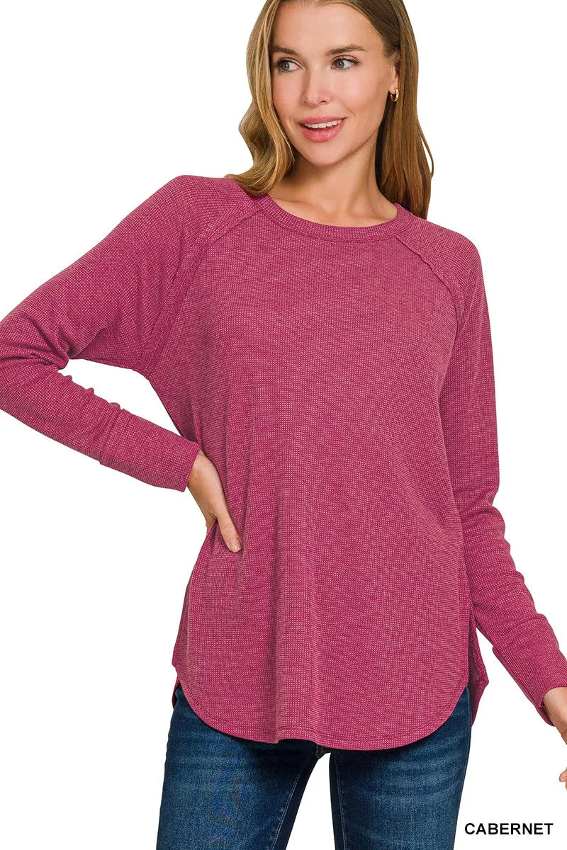 Women's cabernet waffle long-sleeve raglan top with curved hem - product view 1