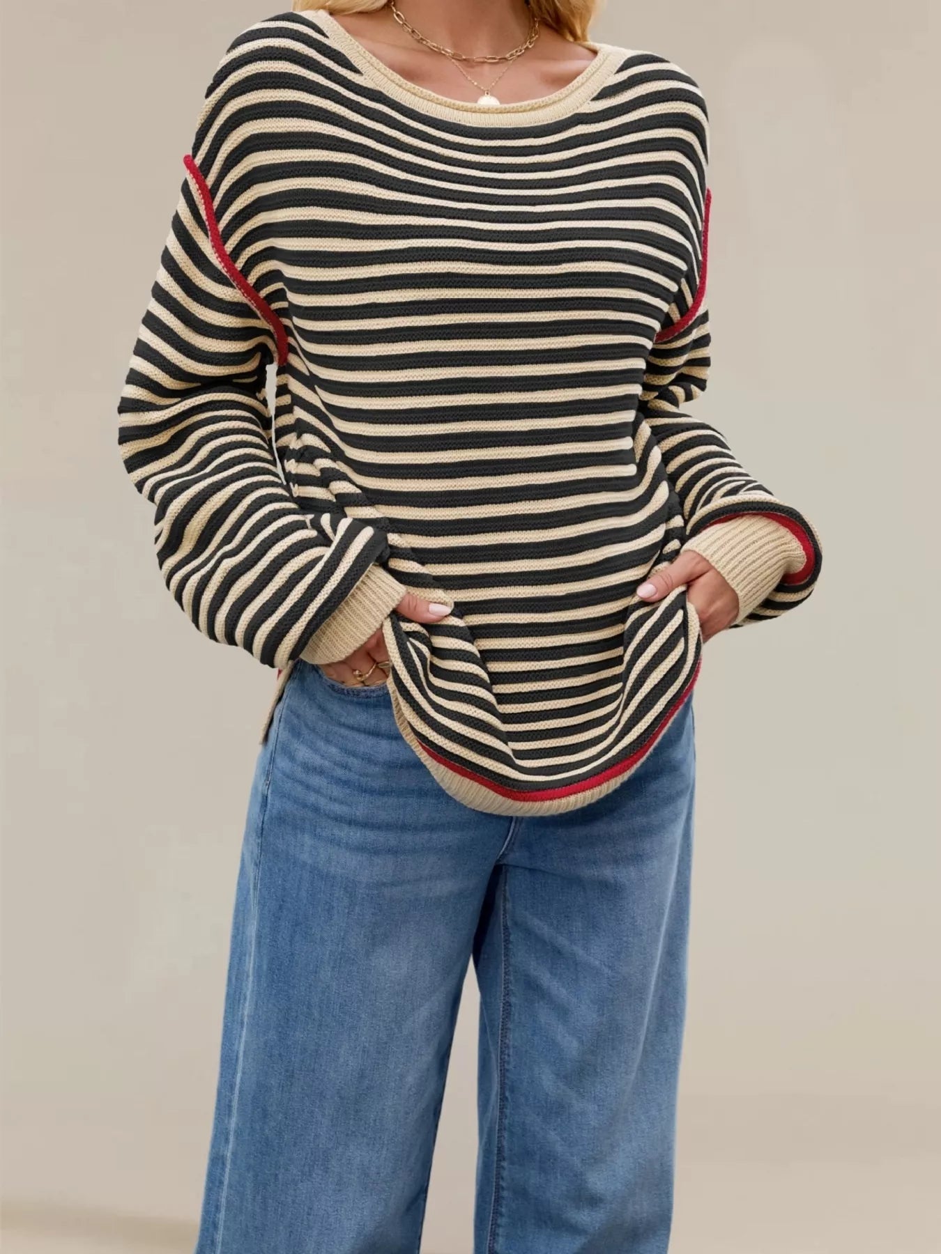 Trendsi Oversized Striped Dropped Shoulder Sweater -