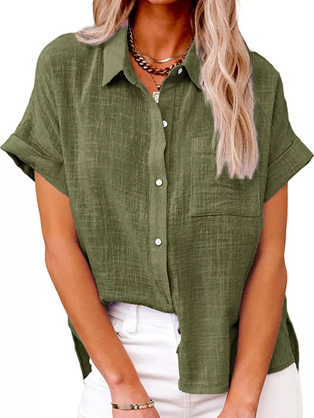 Women's Button Up Short Sleeve Shirt in olive — front view