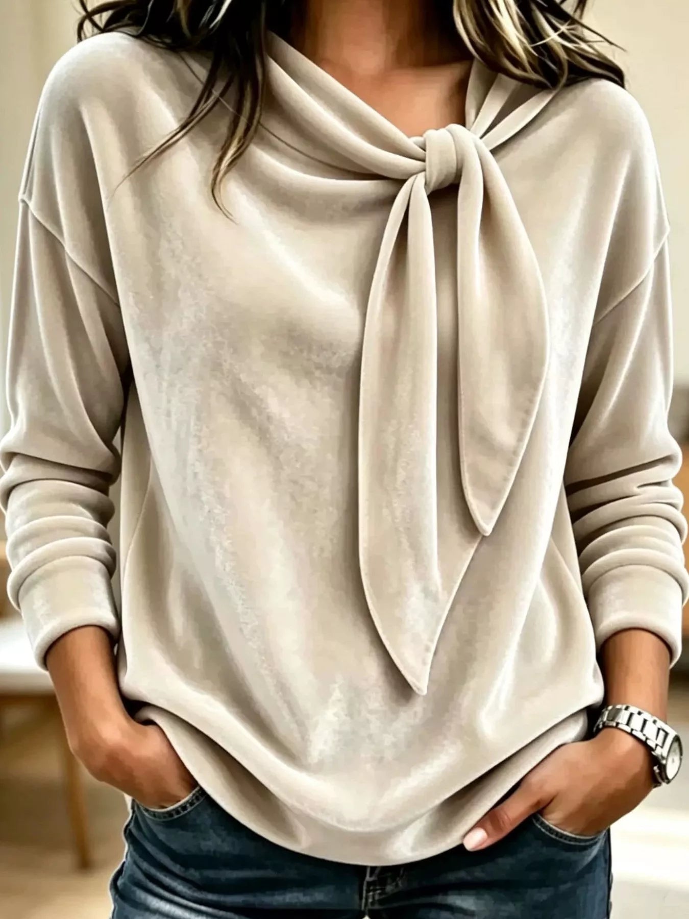 Trendsi Velvet Tie Front Long Sleeve Sweatshirt -