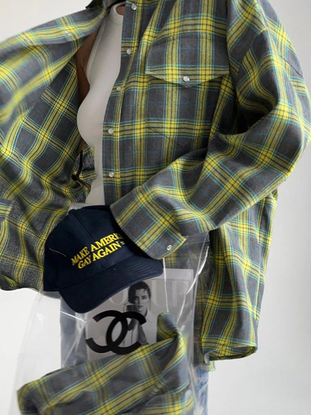 Green and yellow plaid button-down shirt, button front, chest pocket, and cuff