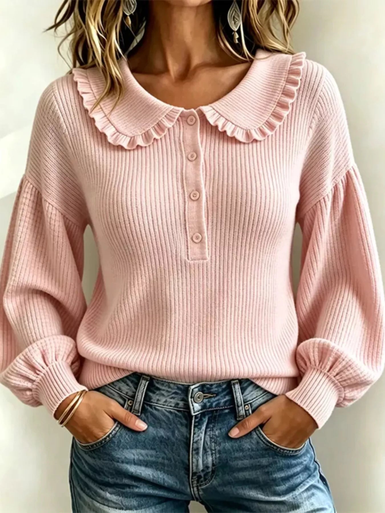 Trendsi Full Size Ruffle Collar Button Detail Sweater Plus Size -