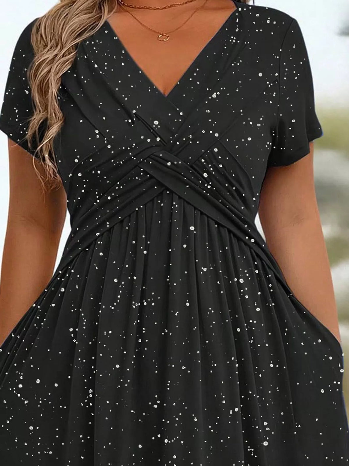 Black speckled short sleeve midi dress with pockets, twist-front detail