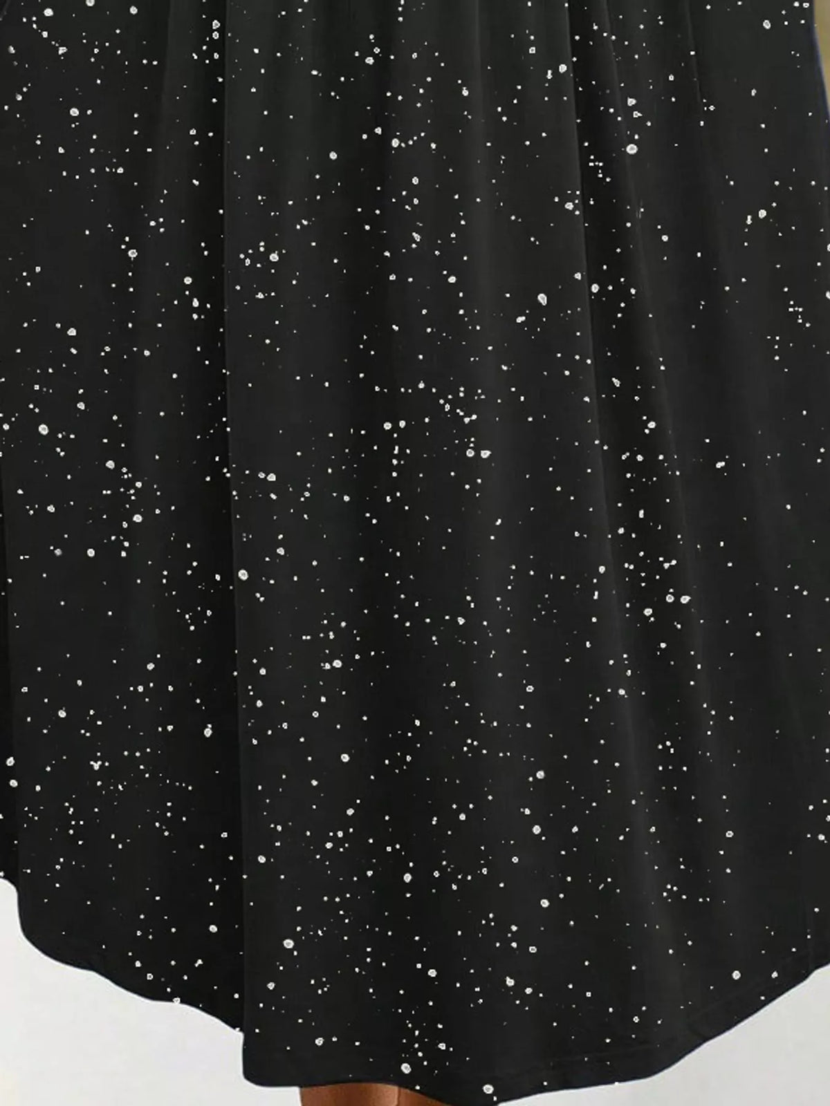 Black speckled short sleeve midi dress with pockets, fabric print detail