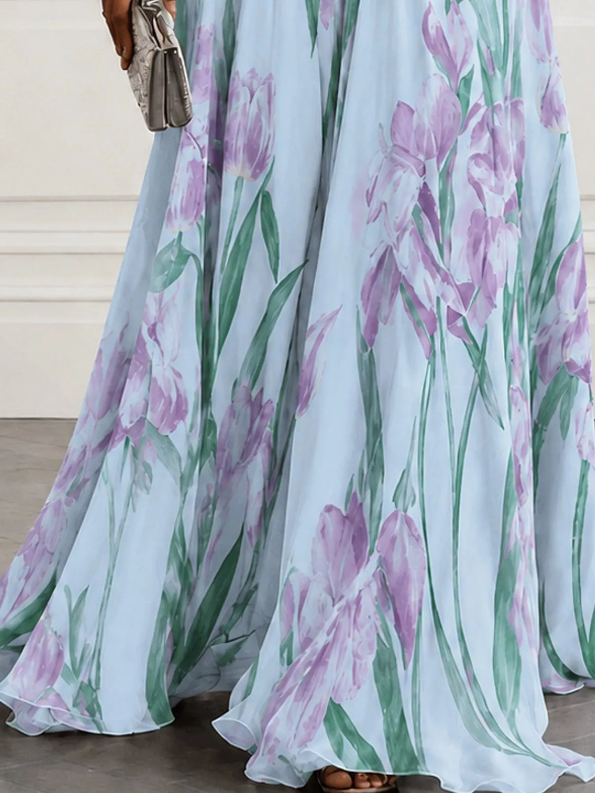 Women's Sleeveless Floral Print Maxi Dress in light blue floral — print detail view