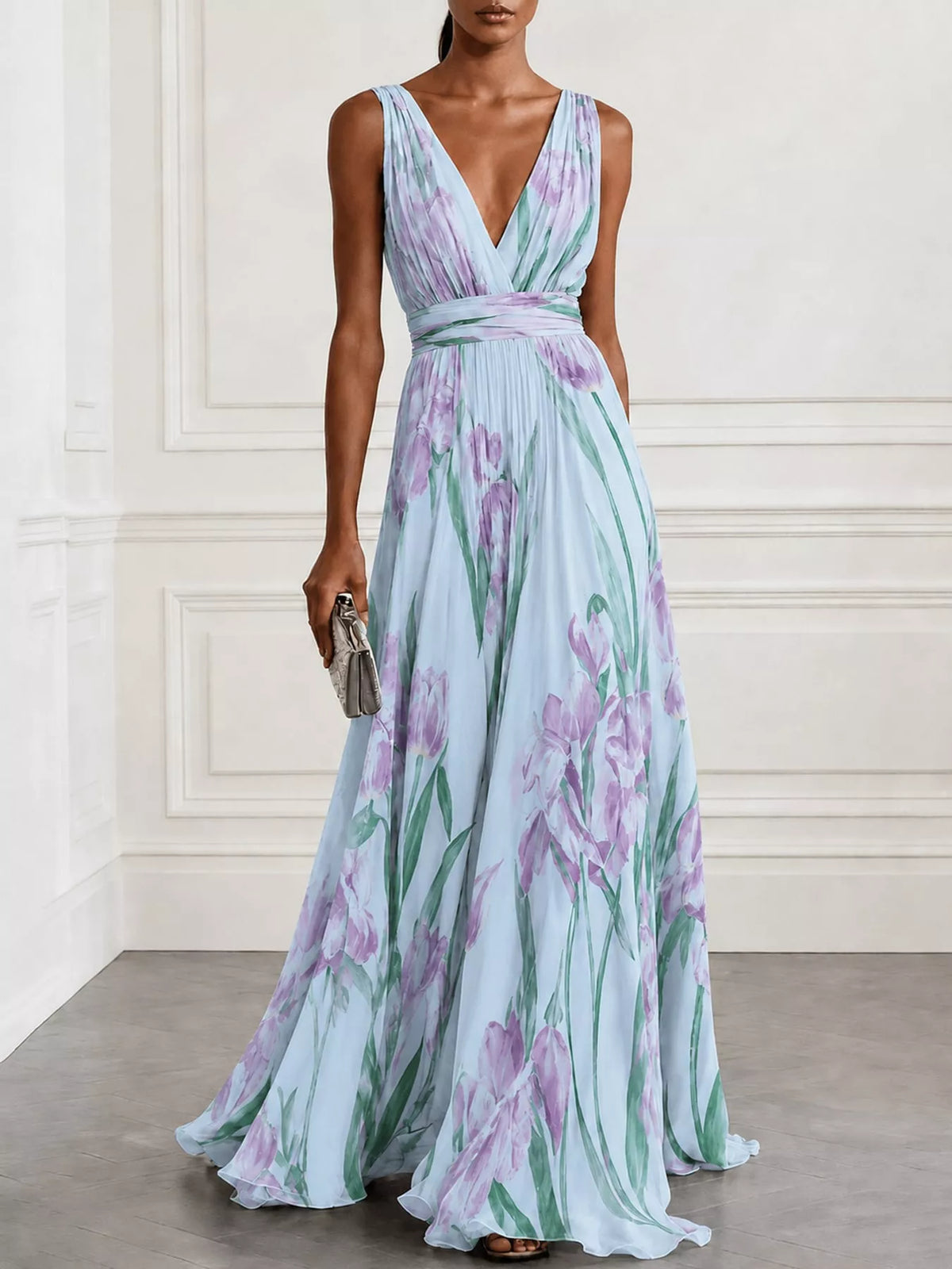 Women's Sleeveless Floral Print Maxi Dress in light blue floral — front view