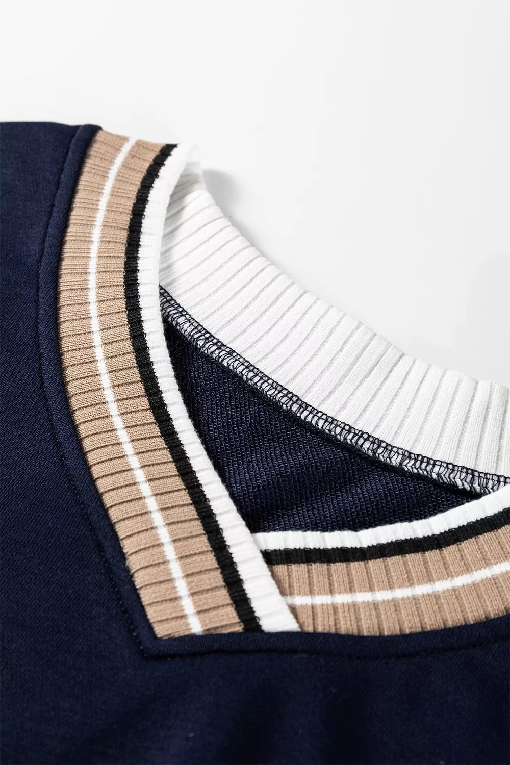 Trendsi Contrast Striped Trim V Neck Sweatshirt -