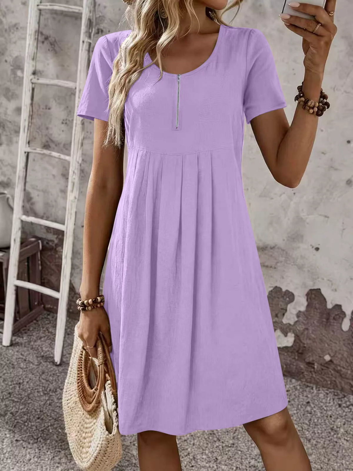 Trendsi Zipper-Front Short Sleeve A-Line Dress -