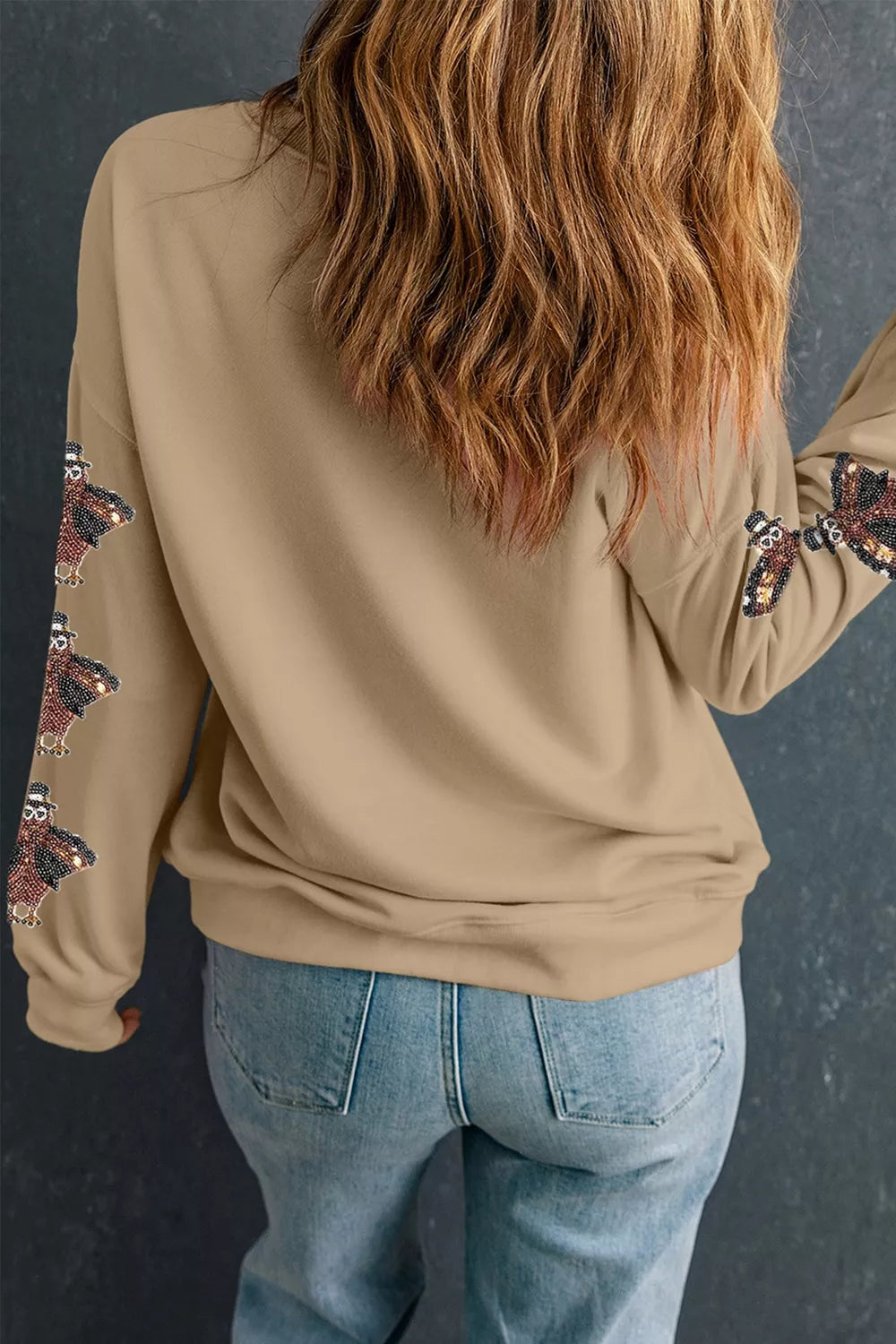Women's Turkey Season Thankful Sequin Sweatshirt in Khaki, detail view