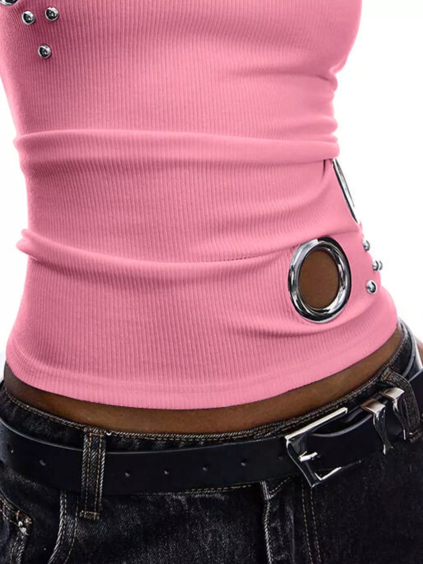 Trendsi Ribbed Tank Top with Metal Grommet Cutouts and Stud Embellishments -